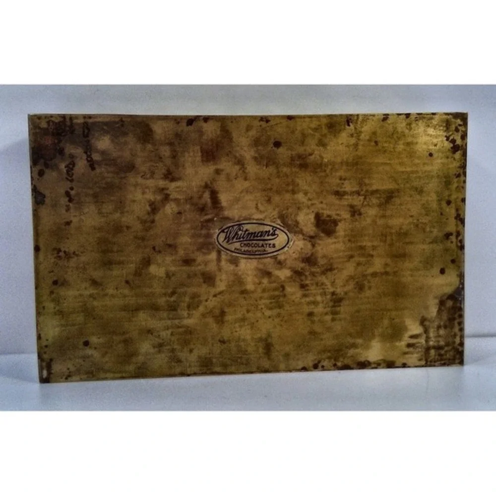 WHITMANS Chocolates Vintage Brass Fu Box Wood Lined Floral Tin one of a kind‎